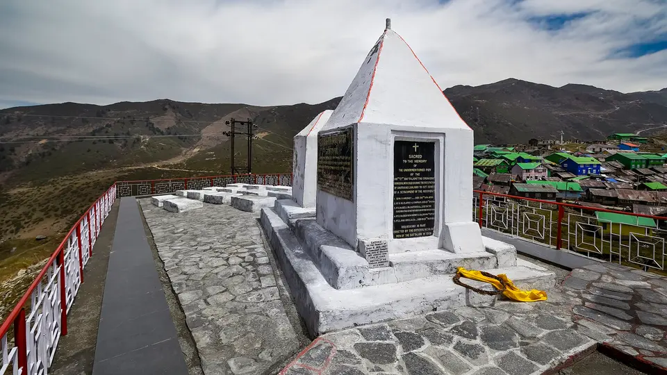 The war memorial in Gnathang Valley, with the village behind